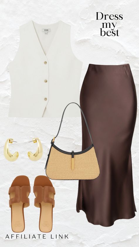 Waistcoat and satin skirt inspired summer outfit for your capsule wardrobe Waistcoat And Skirt Outfit, Satin Skirt Outfit Summer, Modest Spring Outfits, Waistcoat Outfit, Satin Skirt Outfit, Skirt Outfit Summer, Denim Midi Skirt, Satin Skirt, Western Wear