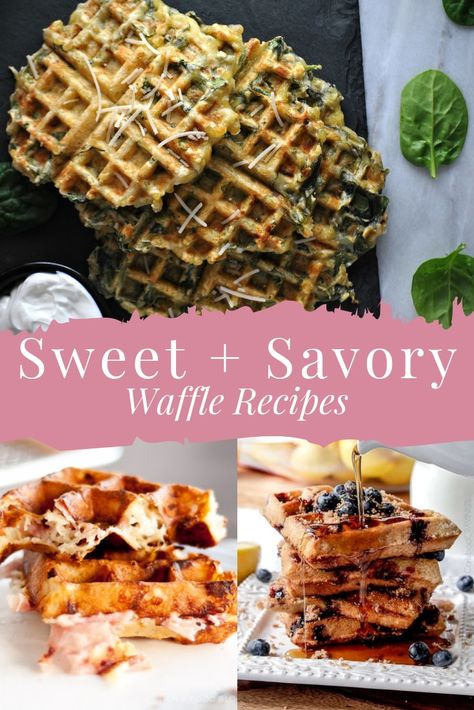 20 Sweet + Savory Waffle Recipes The sweetest and/or most savory waffle recipes you will find out here in these interwebs.  All kinds of specialty waffle recipes. #wafflerecipes #sweetwafflerecipes #savorywafflerecipes #breakfastrecipes #savoryrecipes Belgian Waffle Iron Recipes, Savory Belgian Waffles, Belgium Waffle Recipe, Blueberry Waffles Recipe, Savory Waffle Recipe, Bacon Waffles, Belgian Waffles Recipe, Chocolate Chip Waffles, Cinnamon Roll Waffles