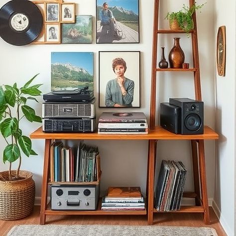 Must-Try Record Player Station Ideas for Vinyl Lovers Corner Vinyl Storage, Living Room Record Player Spaces, Music Corner Ideas, Record Player Setup Aesthetic, Record Player Living Room, Music Corner Living Room, Vinyl Player Setup, Listening Corner, Record Player Shelf