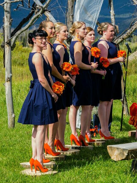 Orange and blue Broncos wedding,  simple fit and flare Audrey Hepburn style, figure flattering bridesmaids dresses, photography,  pictures, gerbera daisy bouquets Orange Blue And White Wedding, Daisy Bouquets, Blue Orange Weddings, October Wedding Colors, Flattering Bridesmaid Dresses, Orange Wedding Bouquet, Orange Wedding Colors, Navy Blue Bridesmaids, Dresses Photography