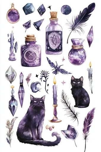 ↑↑↑ Larger size on website 🔸 The image is a collection of watercolor illustrations on a white background with a witchy theme. The Witchy Watercolor Paintings, Potions Illustration, Witchy Watercolor, Witchy Artwork, Watercolor Crystals, Two Black Cats, Purple Liquid, Whimsical Watercolor, Watercolor Illustrations