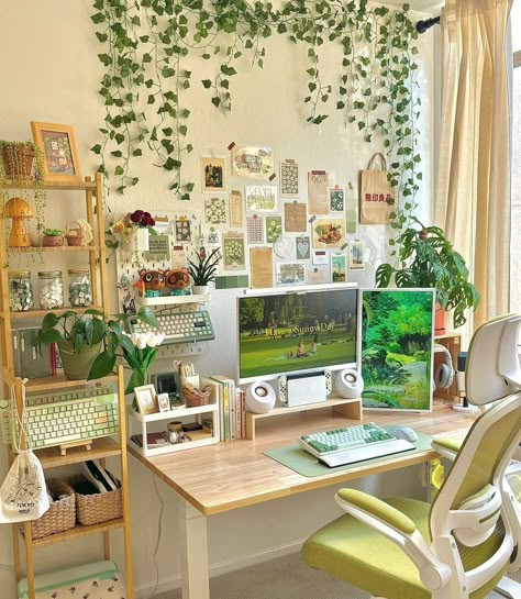 Cottage Core Study Room, Light Green Pc Setup, Bedroom Art Studio Setup, White And Green Pc Setup Aesthetic, Pink And Green Desk Setup, Earthy Pc Setup, Nature Pc Setup, L Shaped Desk Decor, Sage Green Desk Setup