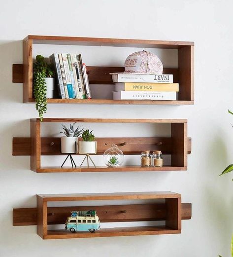 Contemporary Wall Shelf, Wooden Shelf Design, Unique Wall Shelves, Wall Shelves Living Room, Shelves Design, Modern Wall Shelf, Regal Design, Wooden Wall Shelves, Wall Shelf Decor