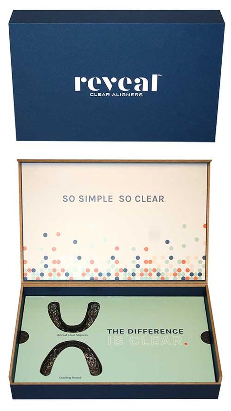 Reveal Clear Aligners - MinnMade Packaging used perfectly! Dental Clinic Branding Design, Dental Packaging Design, Dental Packaging, Implant Dentist, Clear Aligners, Gift Wrapping Inspiration, Logo Mockup, Dental Office, Box Design