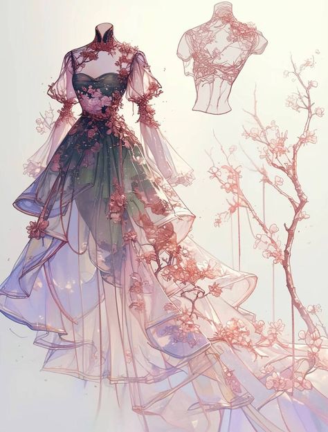 Flower Gown Drawing, Magician Outfit Drawing, Cherry Blossom Dresses, Flowy Dress Drawing, Flowy Art, Vestidos Anime, Dreamy Gowns, Fashion Illustrations Techniques, Pretty Quinceanera Dresses