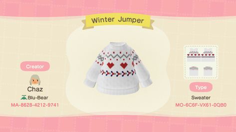 Animal Crossing Design Codes Sweater, Animal Crossing Jumper Design, Animal Crossing Snowflake Design, Animal Crossing Design Codes Clothes Winter, Animal Crossing Winter Outfits, Acnh Winter Clothes, Animal Crossing Winter, Christmas Acnh, Fae Farm