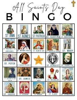 All Saints Day Bingo- Celebrate Catholic Schools Week! by Natalie Hermes All Saints Day Games, Saint Names, All Saints Day Party, Prayer Walk, Catholic Schools Week, Family Altar, Brag Tags, Saints Days, All Souls Day