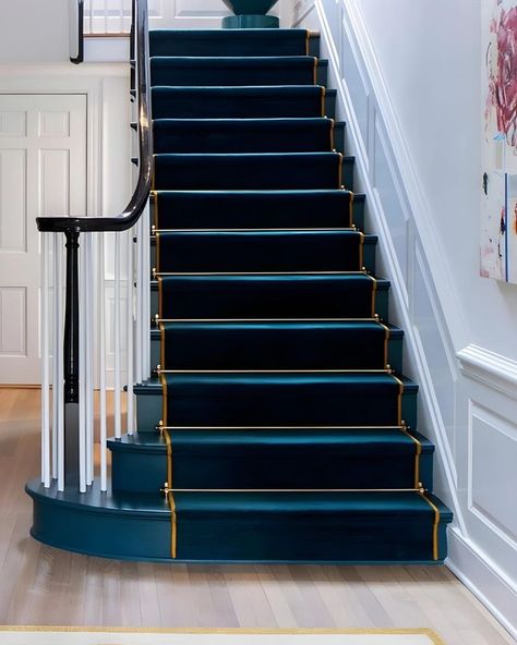 Art Deco Stairs Stairways, Teal Carpet Stairs, Blue White Hallway, Blue Carpet Stairs, Navy Blue Staircase, Navy Staircase, Carpet Landing, Blue Staircase, Painted Stair Railings