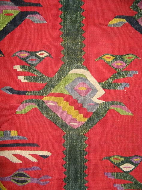 Detail of large antique mid 19thPirot, Sarkoy kilim featuring beautiful nest motif. Kilim Pattern, Fence Art, Costume Patterns, Knit Mittens, Folk Costume, Antique Rugs, Rugs On Carpet, Carpet, Rug