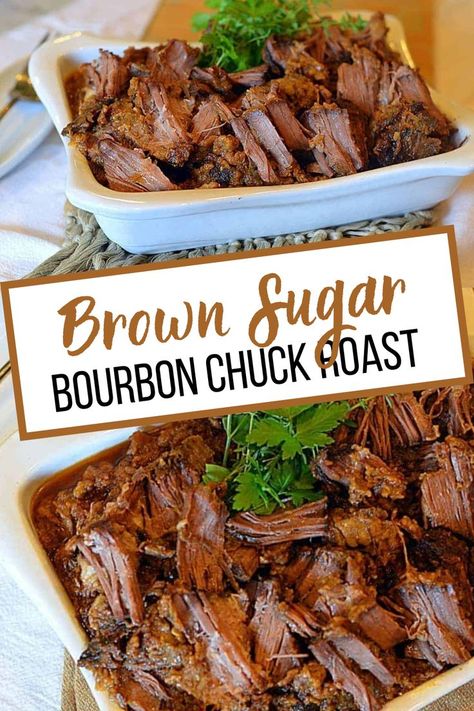 Collage of brown sugar bourbon chuck roast in white serving platter at top and overhead shot of roast in platter at bottom. Chuck Roast Crock Pot Recipes, Crock Pot Chuck Roast, Beef Roast Crock Pot, Crockpot Roast Recipes, Chuck Roast Recipes, Pot Roast Crock Pot Recipes, Bbq Roast, Slow Cooker Roast Beef, Brown Sugar Recipes