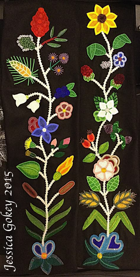 Comparison of two panels that are completed for the MNHS Project: Jessica Gokey 2014-2015. Panels measure 24in long x 5 in wide. Ojibwe Beadwork, Indian Beadwork, Native American Beadwork Patterns, Beading Embroidery, Beaded Flowers Patterns, Native Beading Patterns, Beadwork Designs, Native Beadwork, Beautiful Beadwork