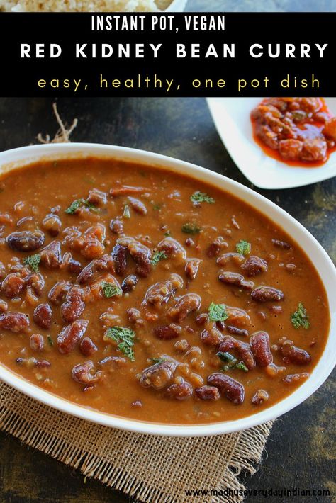 Easy, vegan and healthy Instant Pot Rajma recipe. This restaurant style rajma masala is onion tomato based curry which is delicious, creamy and tasty curry from North India, especially popular in Punjab. This rajma curry is served with rice and called as rajma chawal. It is made easily in the instant pot.   #rajmarecipe #punjabi #easy #instantpot #healthy #rajmachawal Rajma Masala Recipe, Kidney Bean Curry, Rajma Chawal, Rajma Masala, Rajma Recipe, Bean Curry, Red Kidney Beans, Beans Curry, Kidney Bean