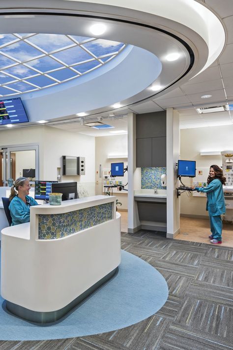 Healthcare staff wellness and patient satisfaction depend on restorative surroundings. The environment of care can either exacerbate or mitigate the impact of daily stress and long shifts. Learn how nurse stations outfitted with Luminous SkyCeilings at Delnor Hospital open up clinical environments and bolster emotional balance and mental acuity. Enhance staff wellness with research-verified virtual skylights designed to mitigate the pressures of the healthcare workplace. Hospital Nurse Station, Senior Living Facilities, Thank You Nurses, Nurses Station, Healthcare Architecture, Pediatric Care, Hospital Nurse, Hospital Interior, Mental Hospital