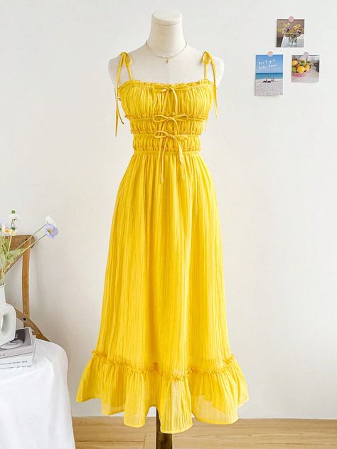 SHEIN WYWH Women's Romantic Yellow Chiffon Dress With Flowy Layers, Cascading Ruffles, Bow-Tie Shoulder Straps, Perfect For Vacation, Graduation Season, Wedding Season, Cute Lunch, And SummerI discovered amazing products on SHEIN.com, come check them out! Yellow Chiffon Dress, Womens Holiday Fashion, Yellow Corset, Cute Sundresses, Cascading Ruffles, Yellow Outfit, Sparkle Dress, Layer Dress, Vacation Dresses