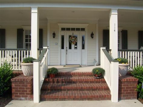 Brick steps leading to a protruding entry.  Very nice. Brick Steps With Railing, Exterior Front Entrance Ideas, Front Entrance Ideas, Brick Stairs, Front Porch Stairs, Brick Porch, Wood Walkway, Front Porch Steps, Porch Stairs