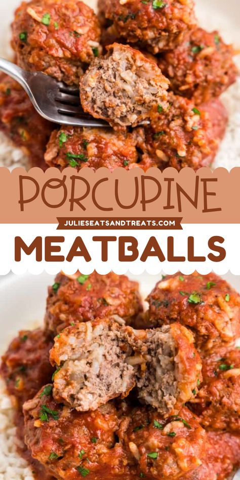 Looking for a good old-fashioned home-cooked meal? This savory Porcupine Meatballs recipe features beef, rice, onion, and seasonings and then baked in a rich tomato sauce. Serve it over a bed of rice for a hearty and easy dinner idea! Hungarian Meatballs Recipe, Slow Cooker Porcupine Meatballs, Rice Meatballs Recipes, Meatballs With Rice Inside, Porcupine Meatballs Oven, Porcupine Meatball Recipes, Porcupines Recipe, Porcupine Meatballs Easy, Porcupine Recipe