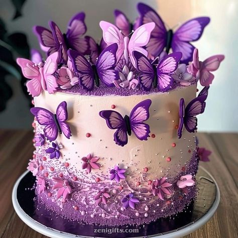 Purple Butterfly Cake Birthdays, Purple Butterfly Theme Cake, Purple Butterfly Birthday Theme Cake, Lilac Cake With Butterflies, Purple Butterfly Cake, Fondant Butterfly, Butterfly Cake Lavander, Purple Cakes Birthday, Butterfly Cupcakes