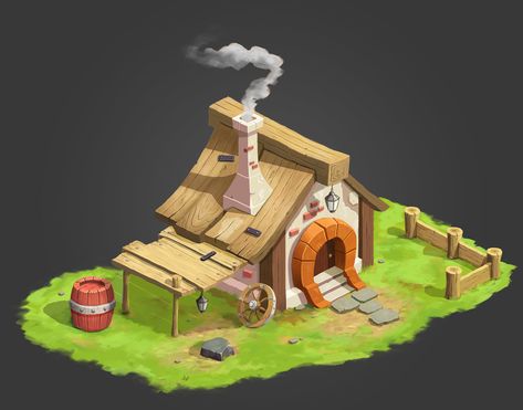 isometric house environment game design on Behance House Cartoon, Paint Texture, Cartoon House, Hand Painted Textures, 2d Game Art, Blacksmith Shop, Casual Art, Isometric Art, Isometric Design