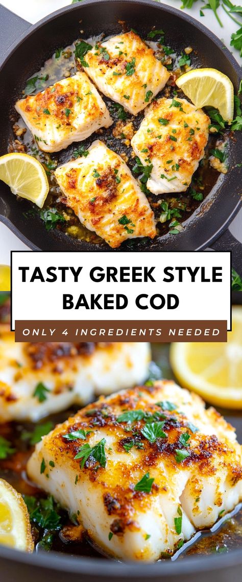 Image for Tasty Greek Style Baked Cod Healthy Dinner Recipes For Family Fish, Greek Weeknight Dinner, Cod One Pan Meal, Best Way To Make Cod Fish, Easy Fish Dinner Recipes For Family, Healthy Sides For Fish, Cod Foil Packets Ovens, Lemon Cod Fish Recipes Baked, Cod Baked In Oven