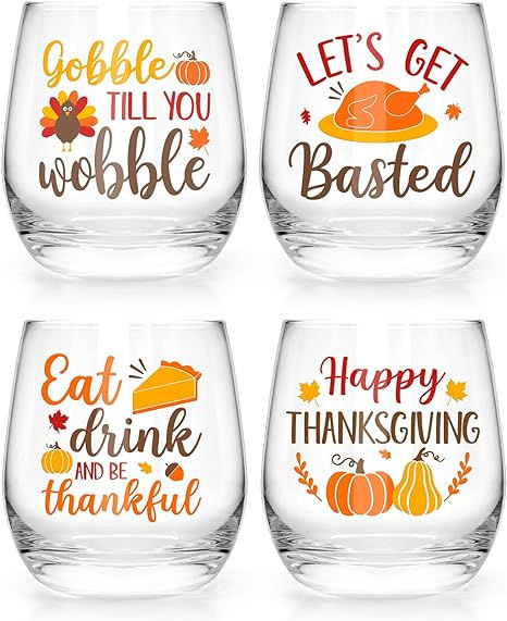 Package includes a set of 4 pieces of Thanksgiving Wine Glasses designed with different funny vinyl finish styles. Perfect for the Thanksgiving Holidays or Friendsgiving Dinner Gathering. Thanksgiving Wine Glass, Pumpkin Wine, Thanksgiving Wine, Happy Drink, Thanksgiving Drinks, Autumn Wine, Friendsgiving Dinner, Gobble Til You Wobble, Unique Thanksgiving