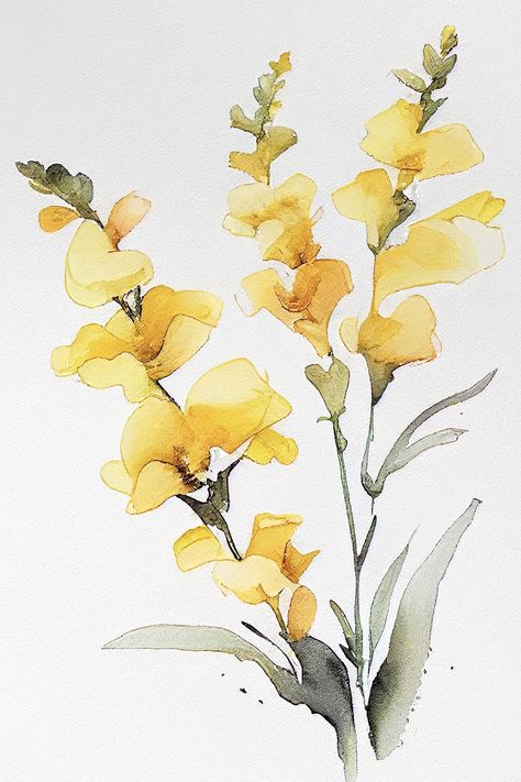 Watercolor Art Yellow, Yellow Watercolour Painting, Yellow Watercolour Flower, Yellow And Green Painting Ideas, Yellow Flower Doodle, Yellow Floral Painting, Watercolor Snapdragon Flower, Painted Yellow Flowers, Yellow Watercolor Painting