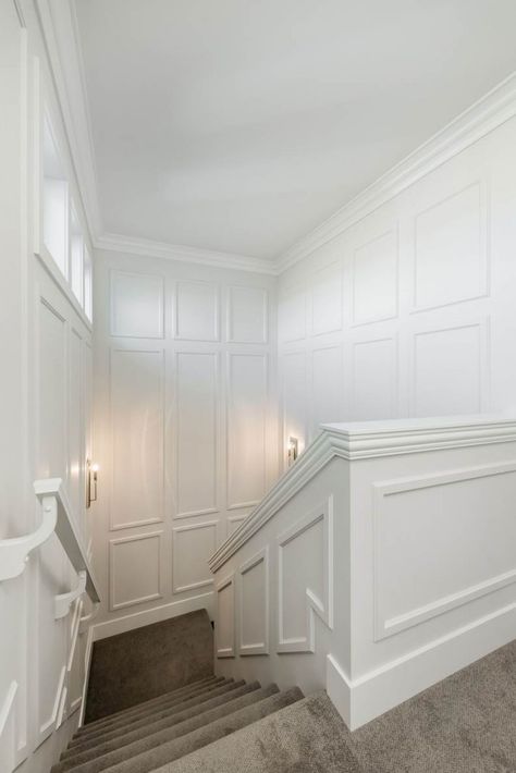 10 Timeless Panel Moulding Looks We Love Stair Moulding, Staircase Molding, Staircase Paneling, Wainscoting Staircase, Custom Woodworking Projects, Staircase Wall Decor, Wainscoting Styles, Chair Rail Molding, House Staircase