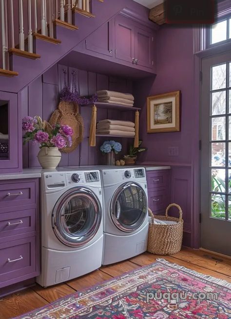 Lilac Laundry Room, Purple Laundry Room, Laundry Closets, Simple Laundry Room, Purple Kitchen Designs, Laundry Combo, Pastel Eclectic, Picnic Shelter, Tiny Laundry