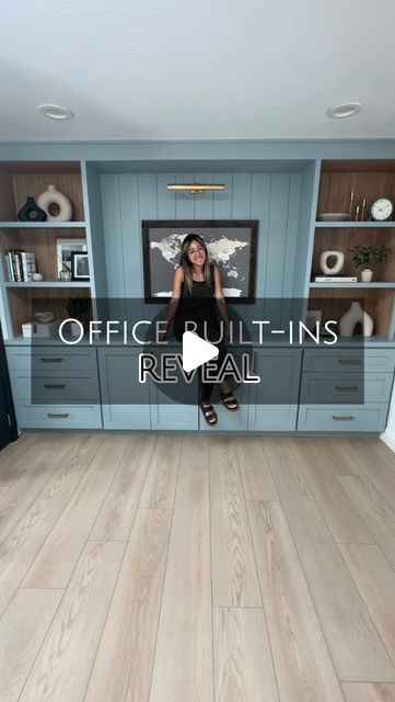 Natalie Park | DIY, Builds & Design on Instagram: "✨ CUSTOM OFFICE BUILT-INS ✨  Omg… They are DONE! 🎉 I am over the moon with how they turned out and it’s still kind of wild that I built it. ME.  Like what? 🤯 My friends couldn’t be happier with them and that makes it all worth it. 🩵 Fun fact: the map under the picture light has pins of everywhere they have traveled in the world 🌎   This was the first and main component of this office that I planned and I want to thank you for following along while I built this beast of a beauty! But the office is obviously not done. Stay tuned for the rest of this office design and build! 😉  What is your favorite part of this built-in?! 😍 As always, everything about this build is saved in my highlights!   Paint: @sherwinwilliams - Stardew . . . . . # Office Redo, Home Office Built Ins, Office Built Ins, Office Paint, Diy Office, Custom Office, What Is Your Favorite, Office Room, Be Happier