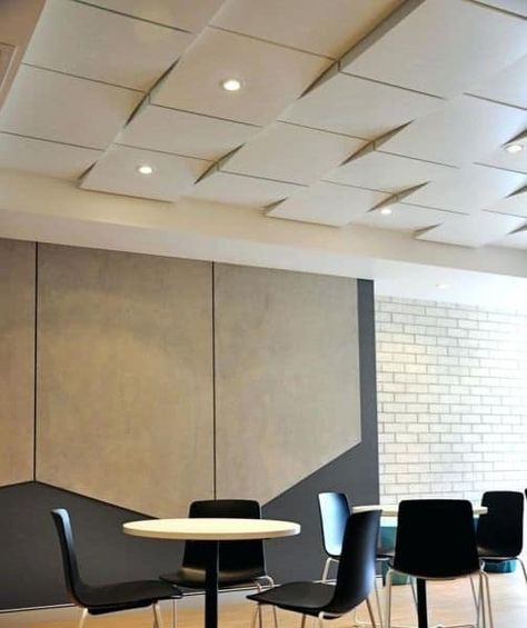 12 Modern Office Ceiling Designs With Trending Pics In 2020.   Gypsum sheets are one of the most preferred ceiling options in homes and commercial spaces. It lends a glossy look that no other ceiling material can match with. Here is one such idea which makes use of gypsum blocks arranged in an irregular fashion. Office Ceiling Tiles, Office Ceiling Design, Ceiling Classic, Acoustical Ceiling, Gypsum Ceiling Design, Acoustic Ceiling Tiles, Office Ceiling, Designer Ceiling, Tiles Designs