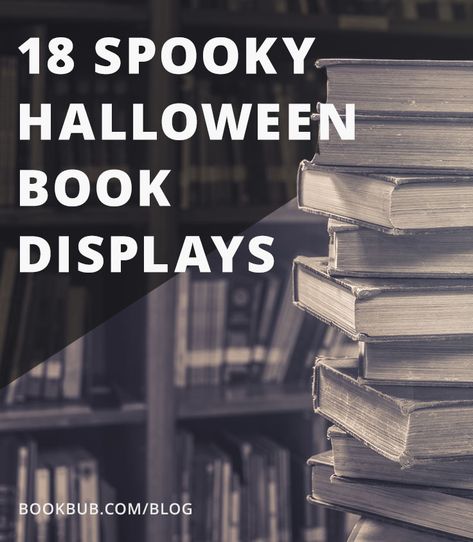 Looking for book display inspiration? Check out these 18 ideas for halloween book displays perfect for bookstores or libraries! October Book Display Ideas, Spooky Library Displays, Halloween Decorations For Library, Halloween Displays Library, Haunted Library Ideas, Halloween Book Decor, Halloween Library Decor, Halloween Book Display Library, Haunted Library Decorations