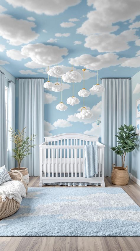 Nursery Room Ideas Nursery Ideas Clouds, Cloud Baby Room, Cloud Themed Nursery, Starry Nursery, Sky Themed Nursery, Small Room Nursery, Cloud Nursery Decor, Sky Nursery, Dreamy Space