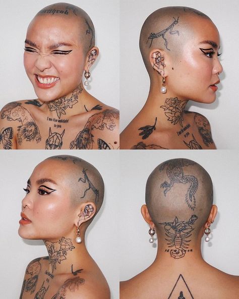 MEI PANG on Instagram: “this photo set made me rediscover my tattoos and that makes me very happy • • • #glossier futuredew  #fentybeauty gloss bomb (glass…” Bald Head Girl, Bald Tattoo, Bald Head Tattoo, Bald Women Fashion, Scalp Tattoo, Bald Head Women, Girls With Shaved Heads, Funky Makeup, My Tattoos