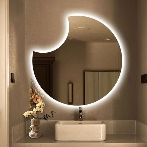 LED Bathroom Mirror Moon Shape Wall-Mounted Vanity Mirror Moon Shaped Mirror, Mirror In Bathroom, Entryway Farmhouse, Stained Glass Chandelier, Bathroom Wall Mirror, Stained Glass Table Lamps, Bathroom Faucets Waterfall, Stained Glass Light, Led Bathroom Mirror