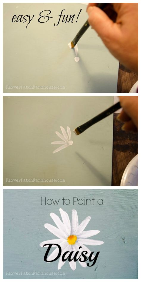 How to Paint a Simple Daisy, one stroke at a time, with video!, FlowerPatchFarmhouse.com Paint A Daisy, Daisy Drawing, Glass Stairs, Daisy Painting, Paint Projects, Canvas Painting Diy, Cat Air, Color Painting, House Paint