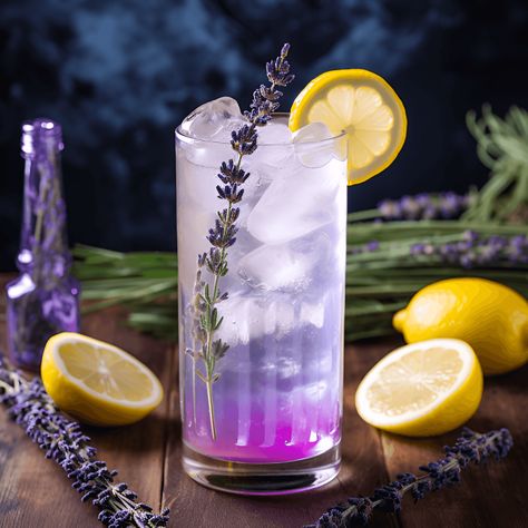 Ingredients: Gin:2 oz · Lemon Juice:1 oz · Lavender Syrup:1 oz · Soda Water:To top · Lemon Wheel and Lavender Sprig:For garnish Lavender Lemonade Recipe, Purple Lemonade, Lavender Drink, Lavender Martini, Spiked Lemonade, Lavender Cocktail, Fun Summer Drinks, Lavender Recipes, Culinary Lavender