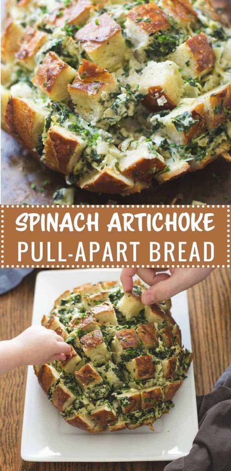 Spinach Artichoke Pull Apart Bread, Artichoke Bread Recipe, Pull Apart Bread Appetizer, Spinach Dip Bread Bowl, Bread Bowl Dip, Baked Spinach Dip, Spinach Bread, Spinach And Artichoke Dip, Appetizer Sandwiches