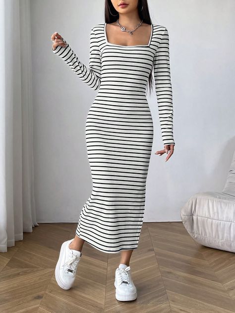 Royal Blue Casual Collar Long Sleeve Fabric Striped Bodycon Embellished High Stretch  Women Clothing Square Neck Dresses With Sleeves, Bodycon Dress Outfit Ideas, Long Bodycon Dress Outfit, Black And White Fits, Cable Knit Jumper Dress, Square Neck Bodycon Dress, Bodycon Black Dress, Square Neckline Dress, Body Con Dress Outfit