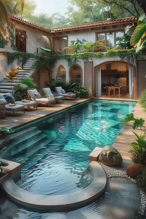 21 Stunning Small Pool Design Ideas for Tiny backyards 14 Spanish Style Pool, Courtyard With Pool, Bohemian Pool, Victorian Backyard, Pool Area Ideas, Small Pool Design Ideas, Toscana House, Tuscan Village, House With Swimming Pool