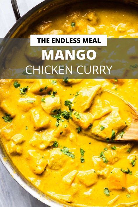 Mango chicken curry is an incredibly delicious Indian curry recipe. The fresh or frozen mangos give the curry the perfect sweetness without adding any sugar. This easy 30-minute dinner recipe is sure to become a family favorite! Chicken Curry Not Spicy, Sweet Chicken Curry, Mango Chicken Curry Indian, Yellow Curry Chicken Indian, Recipes Using Frozen Mango, Easy Curry Recipes Simple, Mild Curry Recipes, Indian Mango Chicken, Mango Curry Chicken