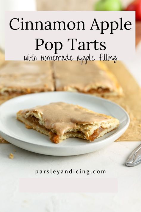 These apple pop tarts are made with flaky pie crust and a warmly spiced homemade apple pie filling. They are topped with delicious cinnamon icing. They make the perfect breakfast or dessert for fall and the holiday season! Cinnamon Apple Pop Tarts, Homemade Apple Cinnamon Poptarts, Sourdough Apple Poptarts, Homemade Apple Poptarts, Apple Butter Pop Tarts, Fall Pop Tarts, Homemade Pop Tarts With Puff Pastry, Fall Poptarts, Pop Tart Filling