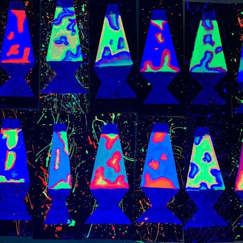 Glow In The Dark Elementary Art, Neon Art Lesson, Lava Lamp Art Lesson, Neon Art Projects Elementary, Glow In The Dark Art For Kids, Blacklight Art Projects, Lava Lamp Art Project, Glow Art Projects, Black Light Art Projects