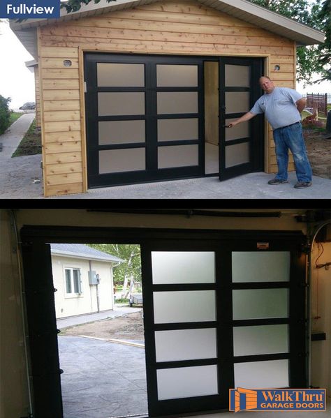 Door Within Garage Door, Glass Garage Door With Passing Door, Garage Door In Dining Room, Exterior Garage Conversion Ideas, Change Garage Door, Garage Doors That Open Out, Door In Garage Door, Full Window Garage Door, Lifestyle Screens Garage Doors