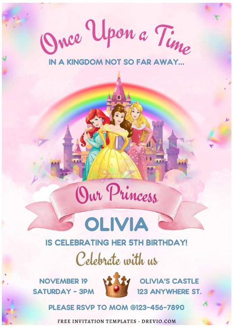 Princess Theme Birthday Invitation, Princess Birthday Ideas, Disney Princess Invitations, Princess Birthday Party Invitations, Princess Party Invitations, Disney Princess Theme, Wonderland Invitation, Carnival Birthday Party Theme, Minnie Mouse Invitations