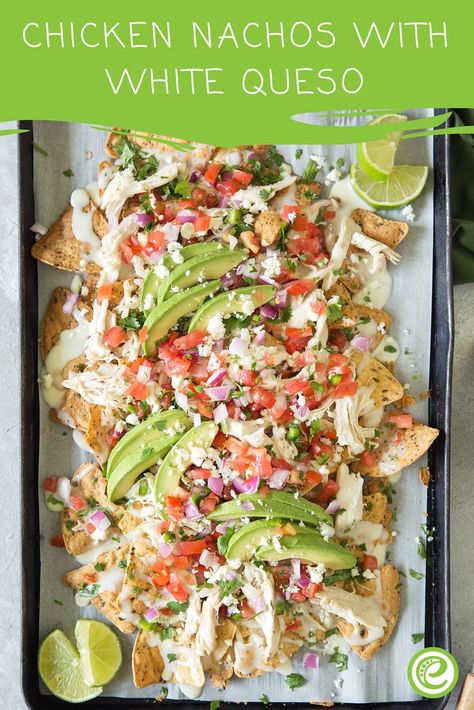 Chicken Nachos with White Queso | eMeals.com White Queso Nachos, Nachos Recipe With Queso, White Cheese Nachos, Chicken Nachos With White Queso, White Chicken Nachos, Chicken Nachos With Queso, White Queso Chicken, White Nachos, Mexican Chicken Nachos