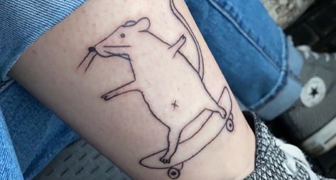 Funny Rat Tattoo, Animal On Skateboard Tattoo, Small Rat Tattoo, Tattoos Rat, Cute Rat Tattoo, Two Rats Tattoo, River Rat Tattoo, Rat On A Skateboard Drawing, Rat On A Skateboard