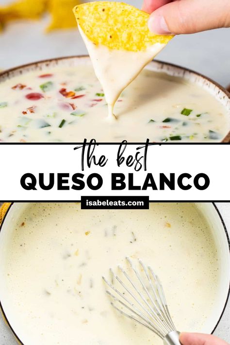 Queso blanco is the most delicious white cheese dip you’ll ever have! This easy recipe is rich, creamy, and better than your favorite restaurant-style queso. It’s the perfect addition to any football watch party, taco Tuesday, or just as a snack. Velvet Taco Queso Recipe, Authentic Queso Blanco, White Nacho Cheese Sauce Queso Blanco, Fuzzy Taco Queso Recipe, Restaurant White Queso Dip, Uncle Julio’s Queso, White Caso Dip Recipe, No Velveeta Queso Dip, Velveeta Queso Blanco Recipes