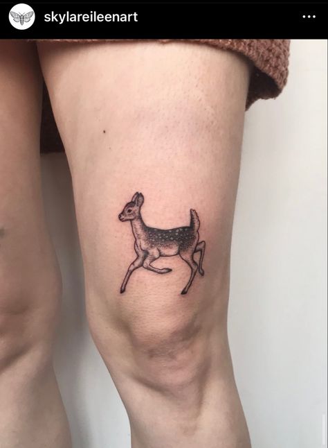 Dear Tattoos, Red Deer Tattoo, Deer Knee Tattoo, Dainty Deer Tattoo, Deer Tattoos, Doe Deer Tattoo, Fawn Tattoos For Women, Upper Knee Tattoo, Doe And Deer Tattoo