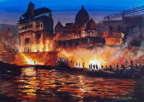 Ghat Painting, Manikarnika Ghat, Glicee Prints, Amazing Paintings, Great Paintings, Mind Quotes, A3 Size, Varanasi, Beautiful Mind