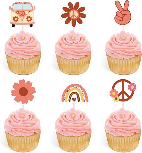 Two Groovy Birthday Party Ideas for Kids - Chicfetti Two Groovy Cupcake Ideas, Two Groovy Cupcakes, Hippie Cupcakes, Groovy Cupcakes, Groovy Party Decorations, Two Groovy Party, Hippie Cake, Bohemian Party Decorations, Bus Cake