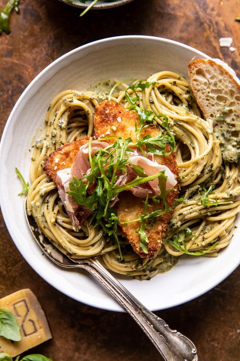 Basil Parmesan Pasta, Pasta With Crispy Chicken, Chicken Prosciutto, Harvest Basil, Creamy Parmesan Chicken, Prosciutto Pasta, Half Baked Harvest Recipes, Basil Pasta, Night Recipes